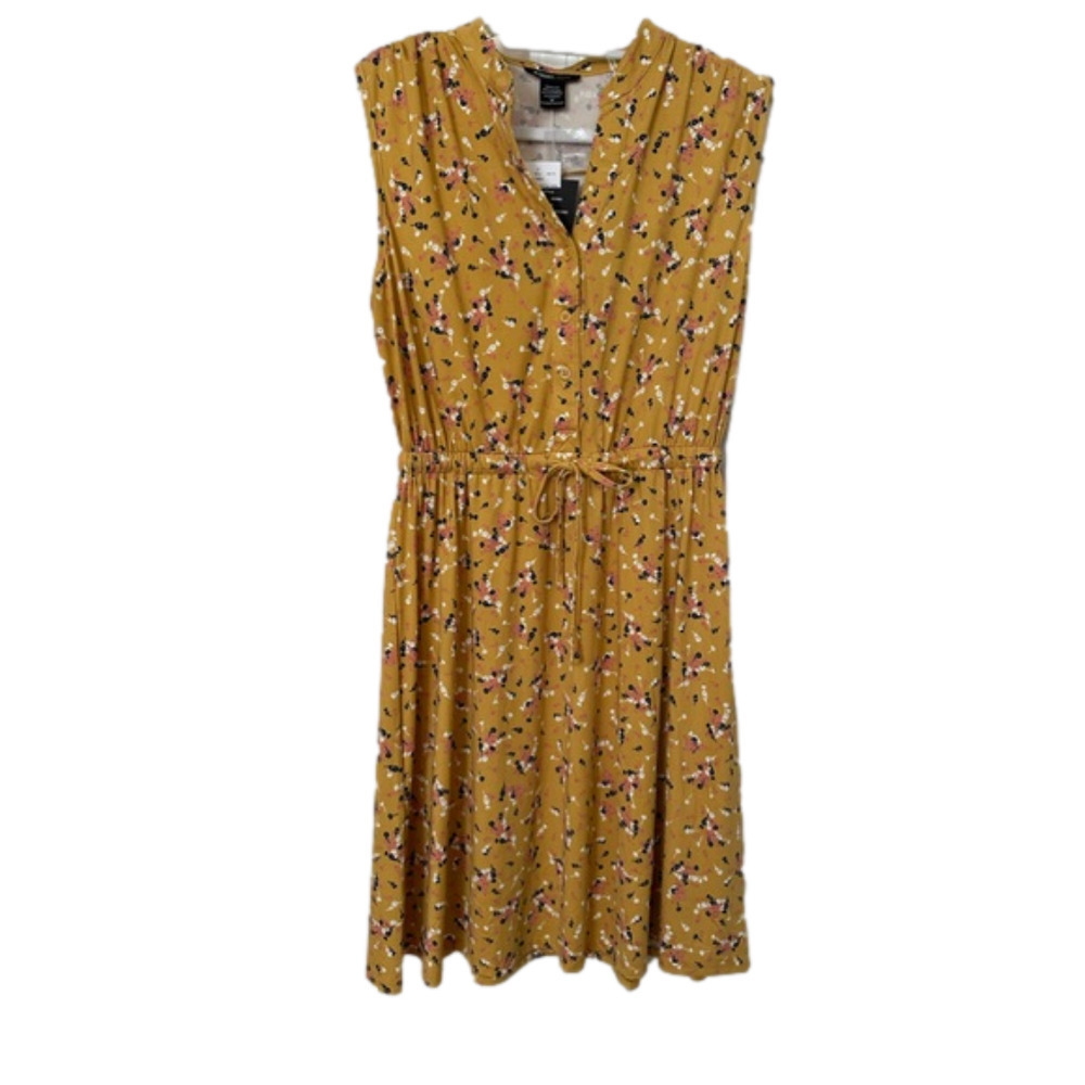 Robert Louis Sleeveless V-Neck Mustard Floral Silk Dress NWT